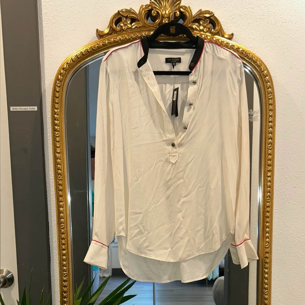 Rag & Bone White Button Down Shirt with Black and Red Accents